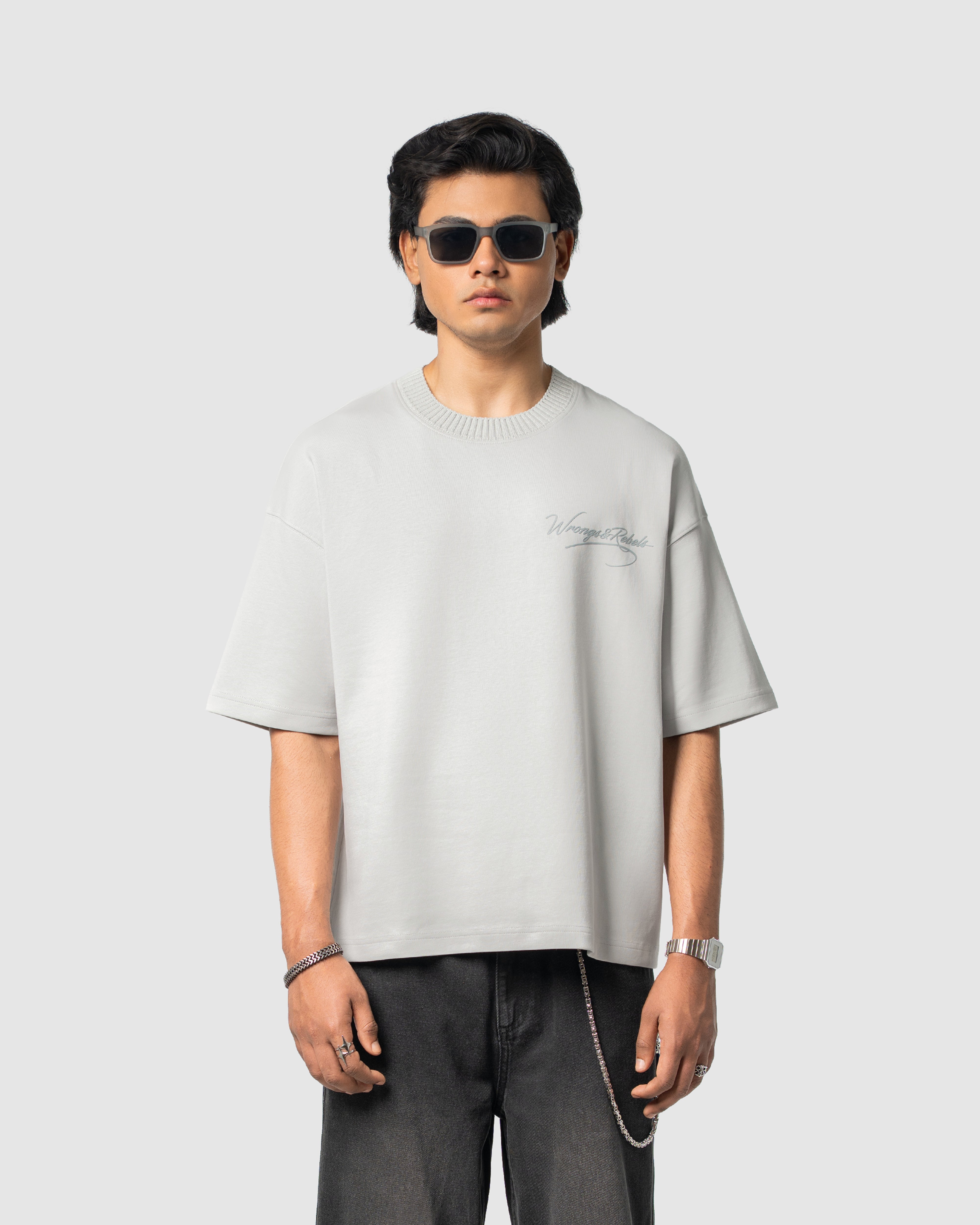 W&R Beige Knit Collar Boxy T-Shirt