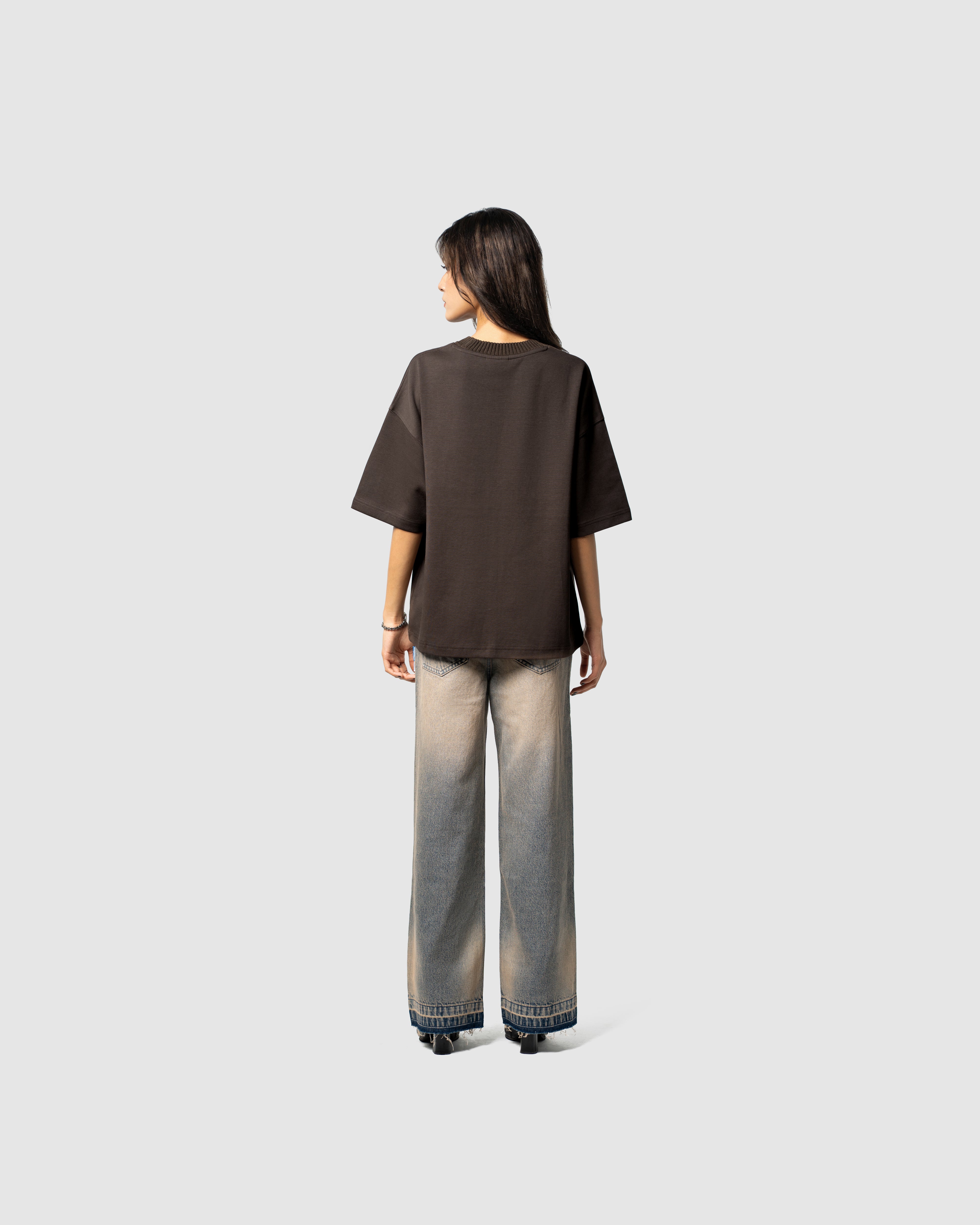 W&R Brown Knit Collar Boxy T-Shirt