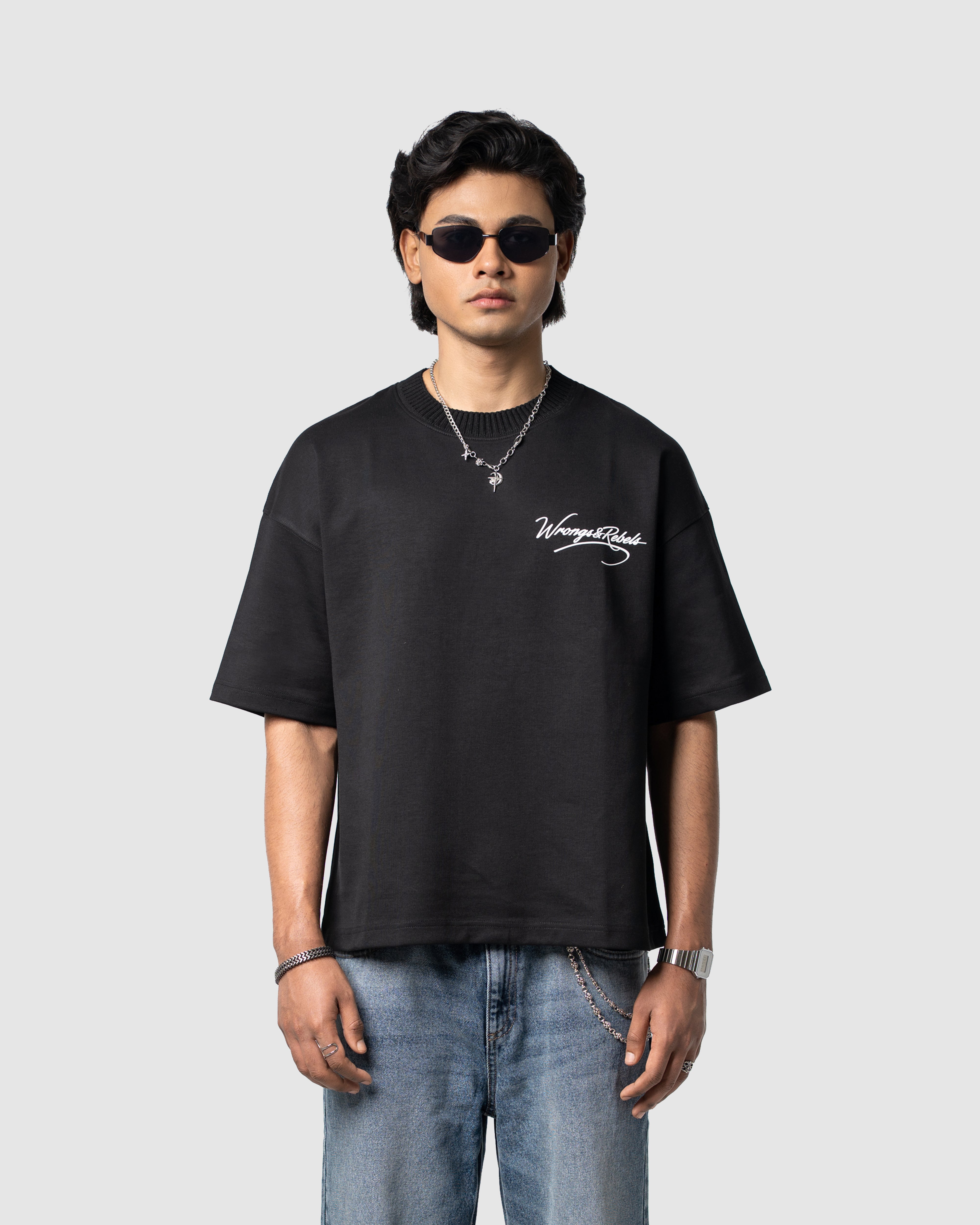 W&R Black Knit Collar Boxy T-Shirt