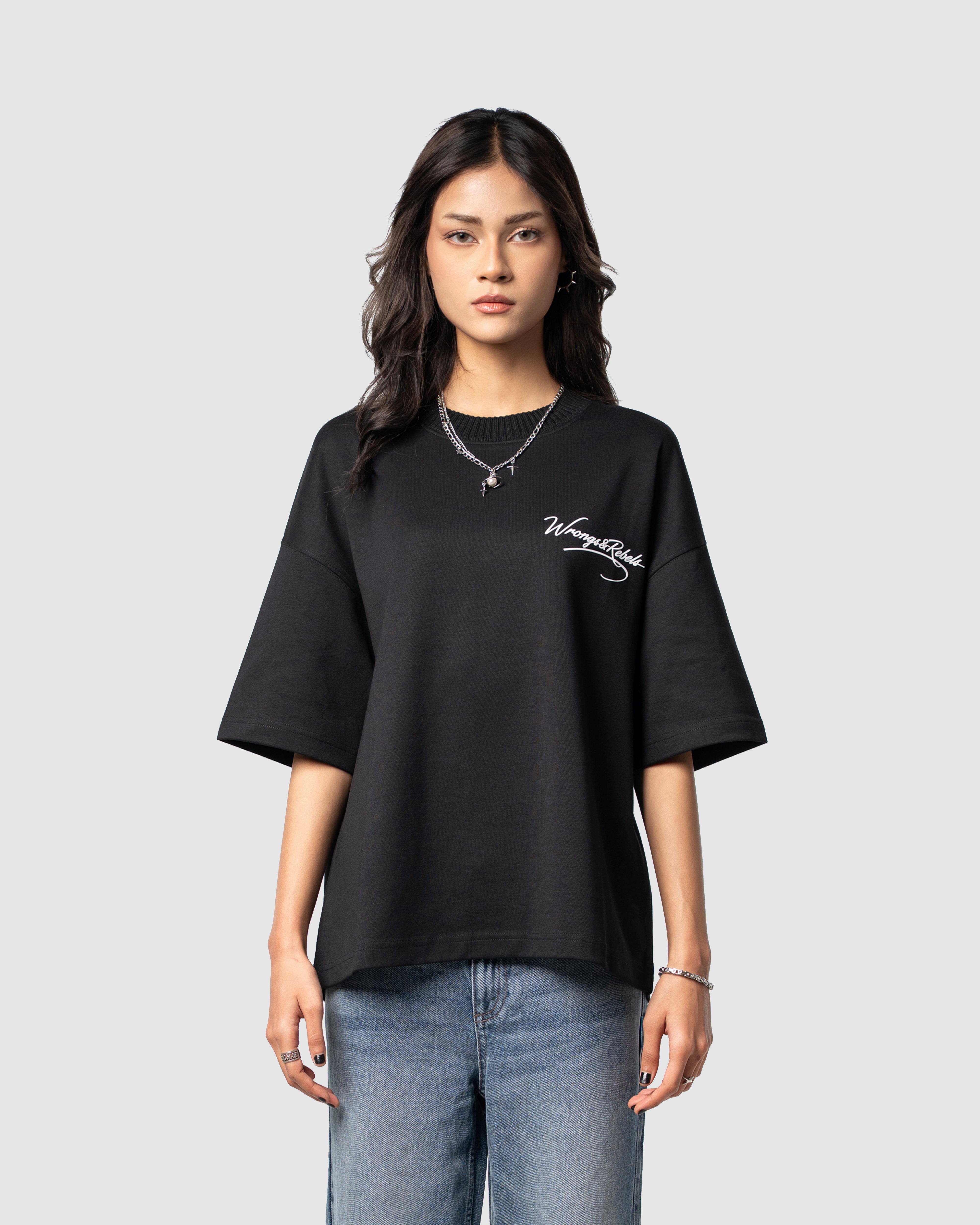 W&R Black Knit Collar Boxy T-Shirt