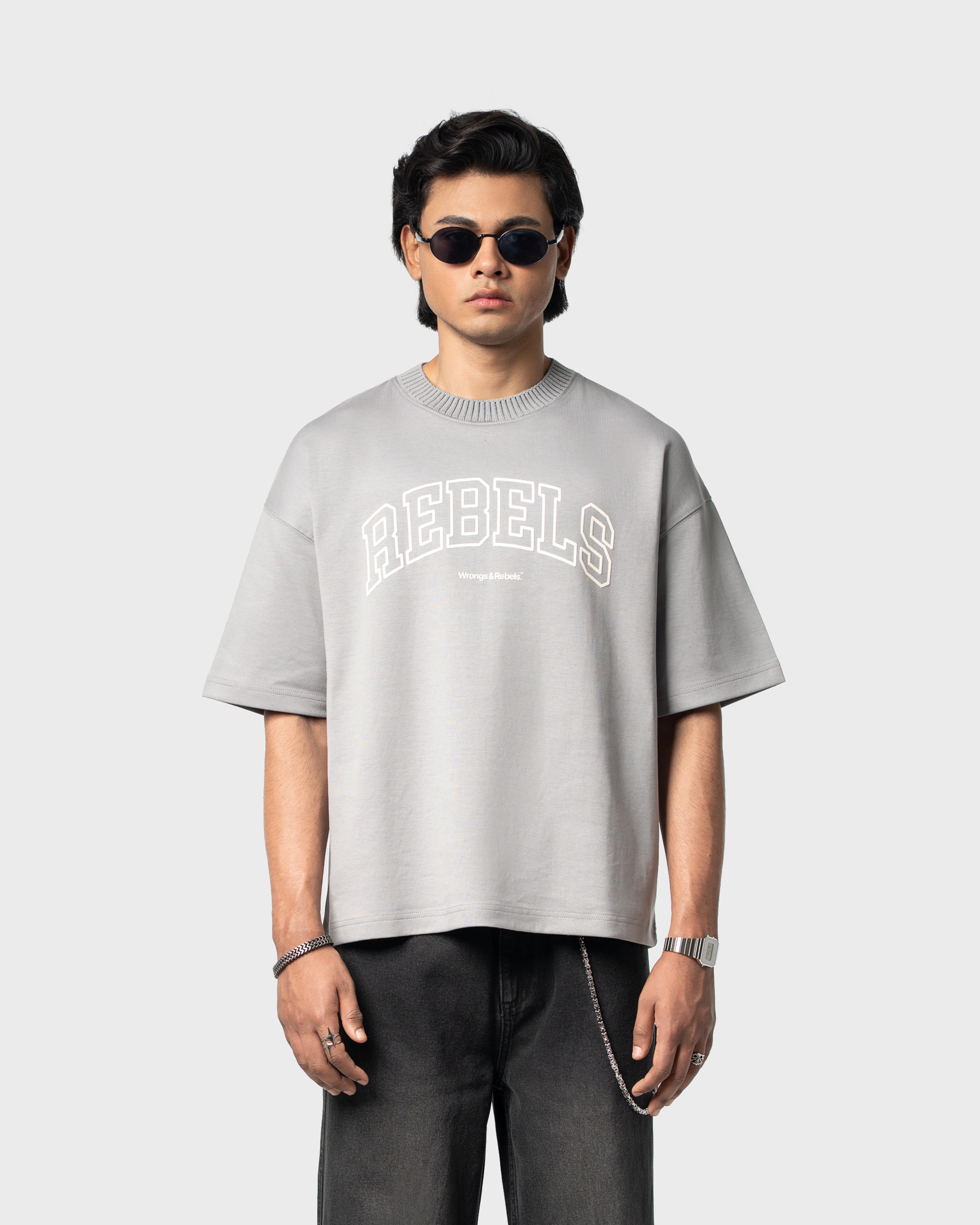 W&R Grey Knit Collar Boxy T-Shirt