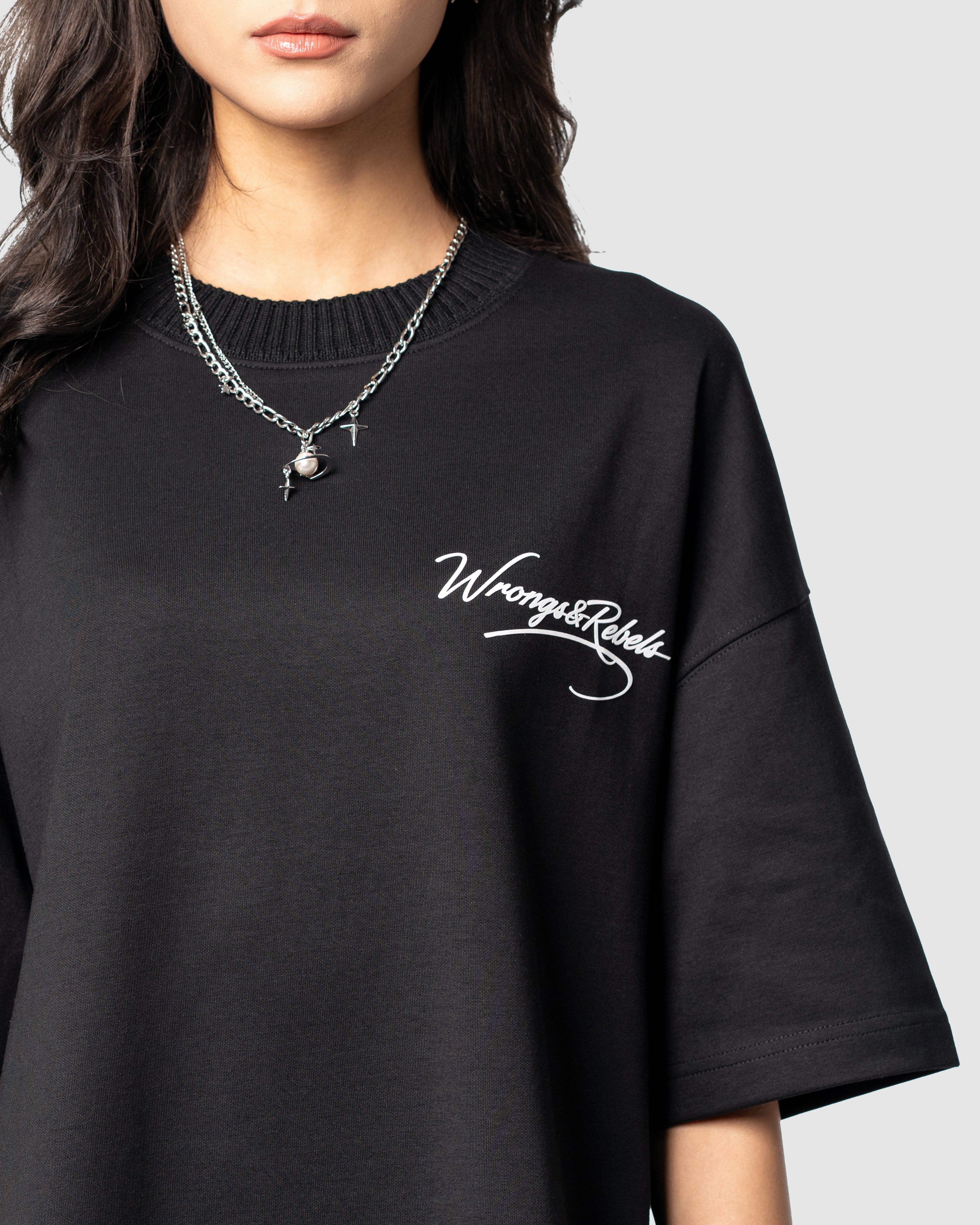 W&R Black Knit Collar Boxy T-Shirt