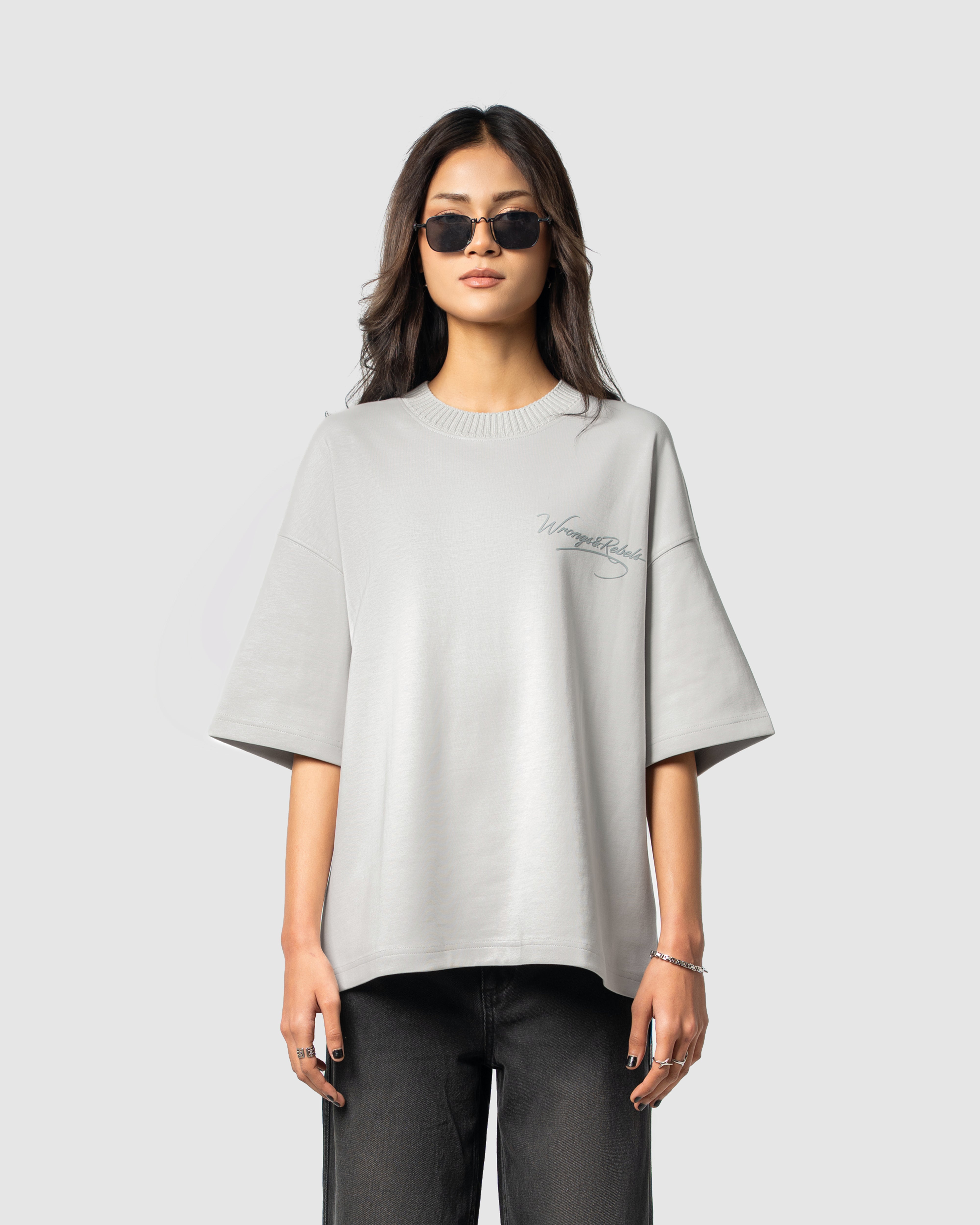 W&R Beige Knit Collar Boxy T-Shirt