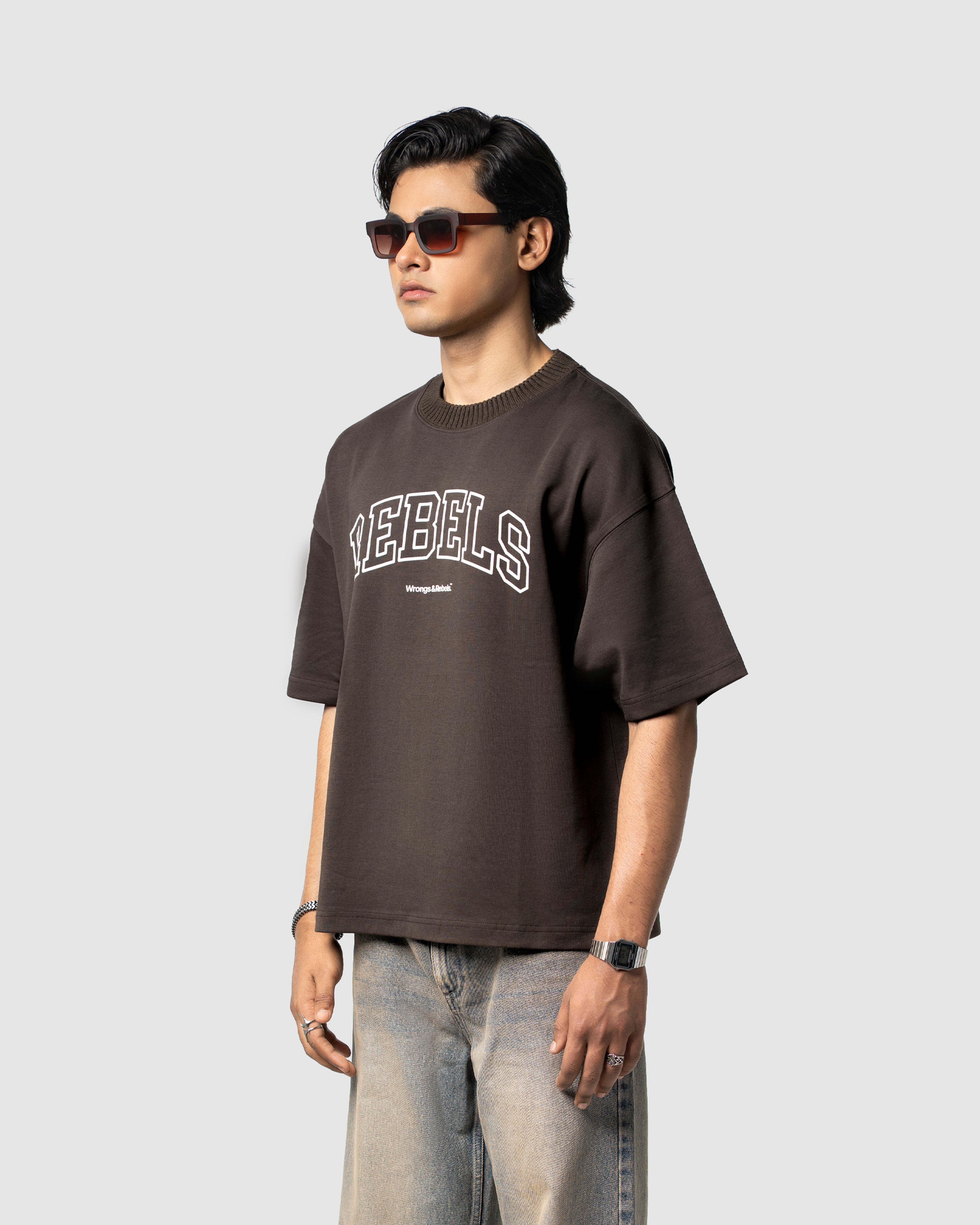 W&R Brown Knit Collar Boxy T-Shirt