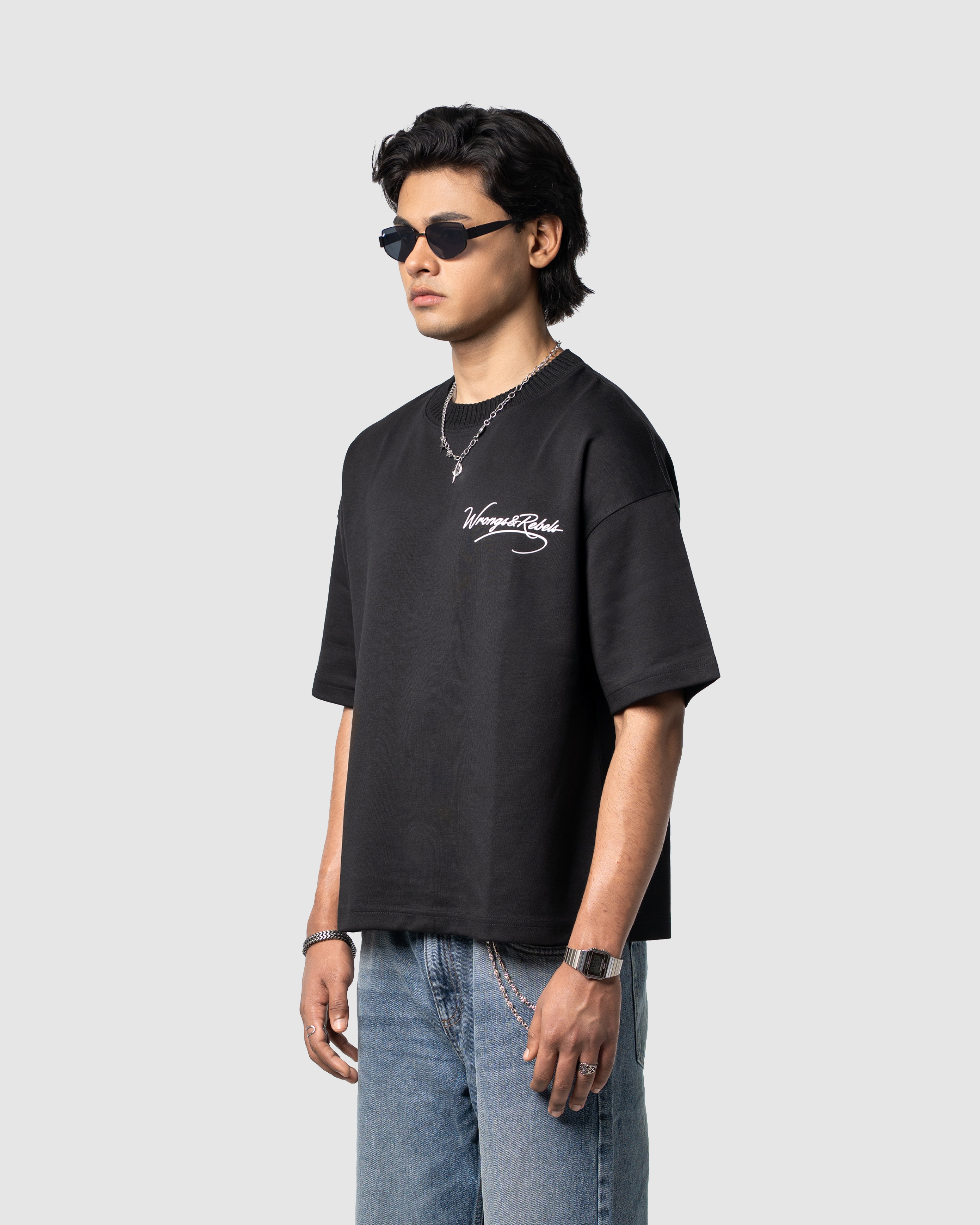 W&R Black Knit Collar Boxy T-Shirt