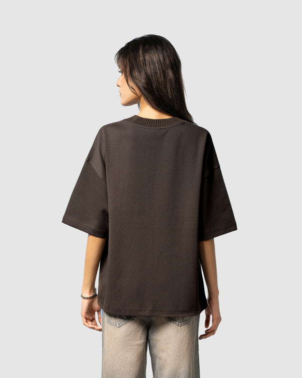 W&R Brown Knit Collar Boxy T-Shirt