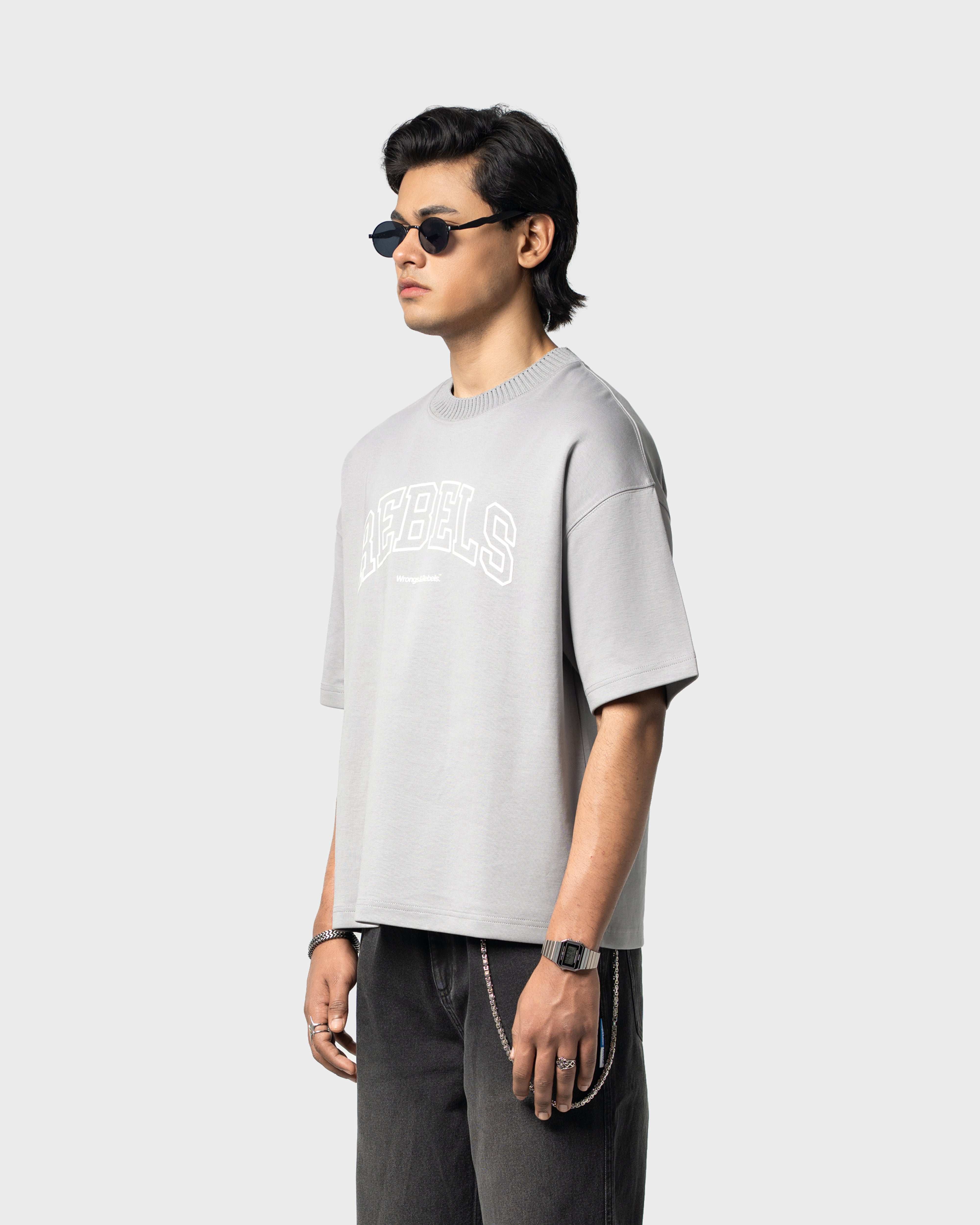 W&R Grey Knit Collar Boxy T-Shirt